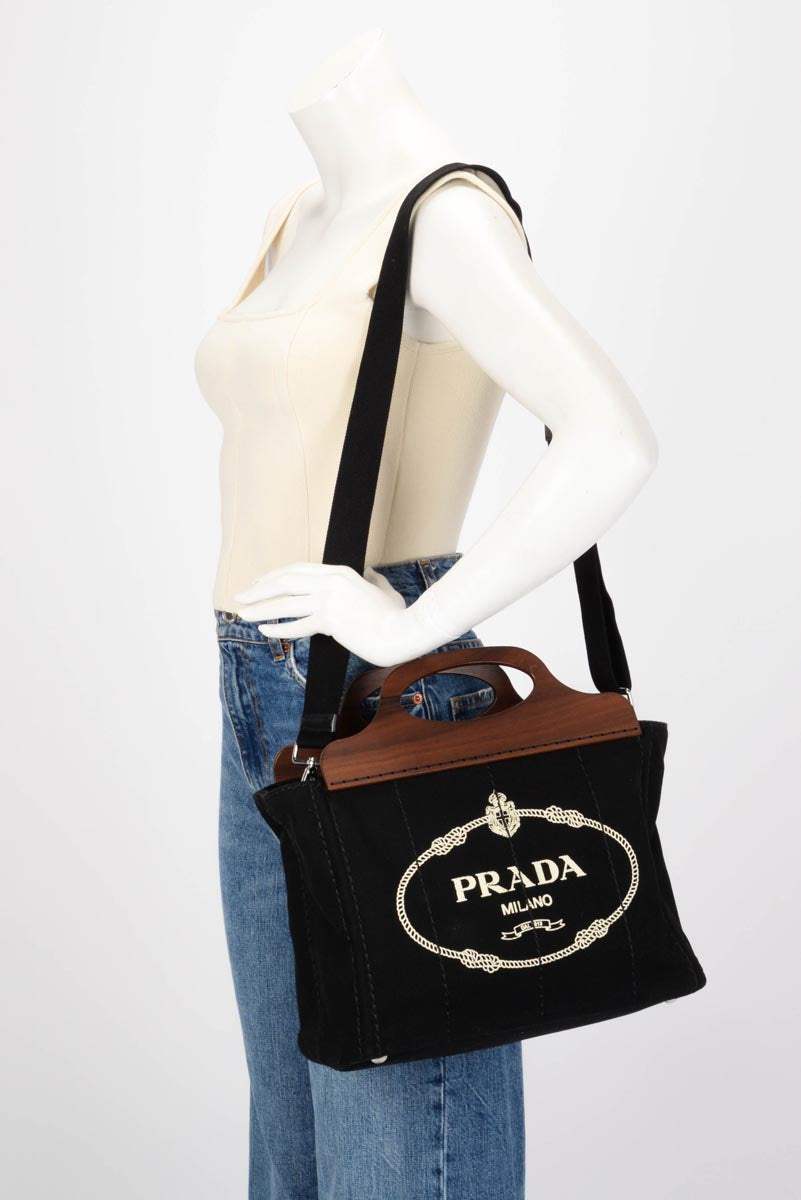 Prada Black Canvas Wood Handle Canapa Tote