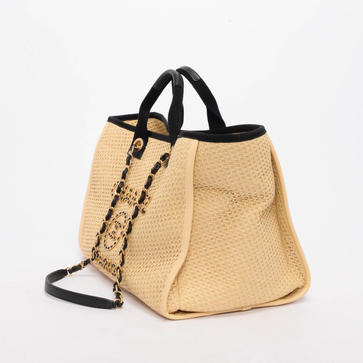 Chanel Beige & Black Raffia Medium Deauville Tote