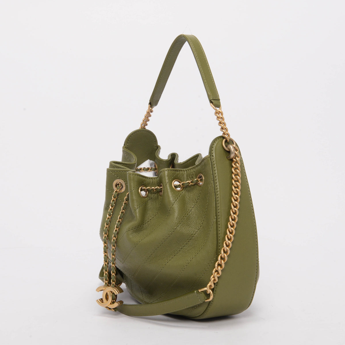 Chanel Army Green Chevron Calfskin CC Drawstring Bag