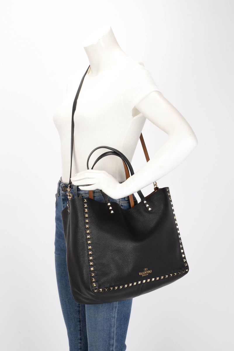 Valentino Black & Tan Grained Calfskin Reversible Rockstud Tote