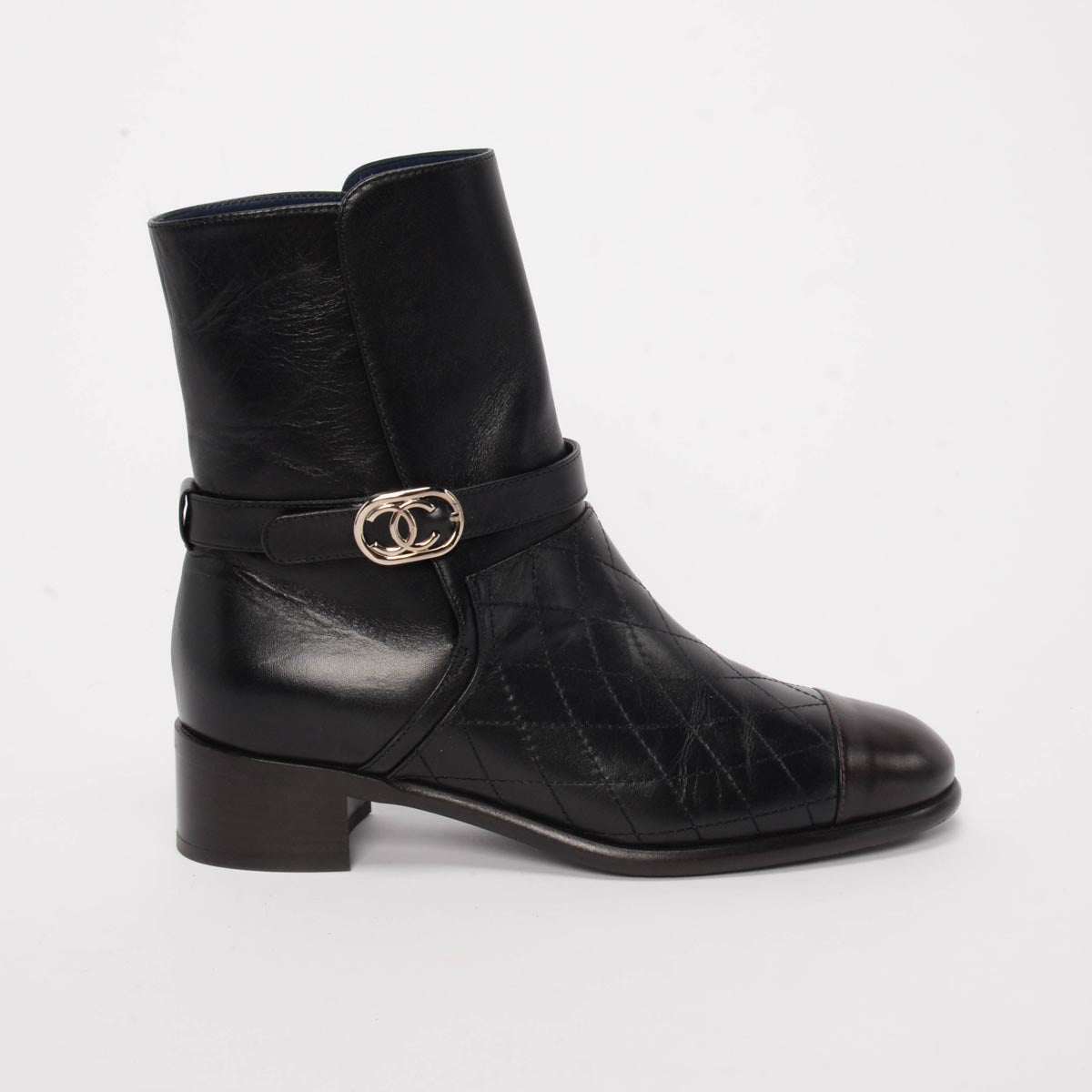 Chanel Black Quilted Calfskin Cap Toe Ankle Boots 38.5