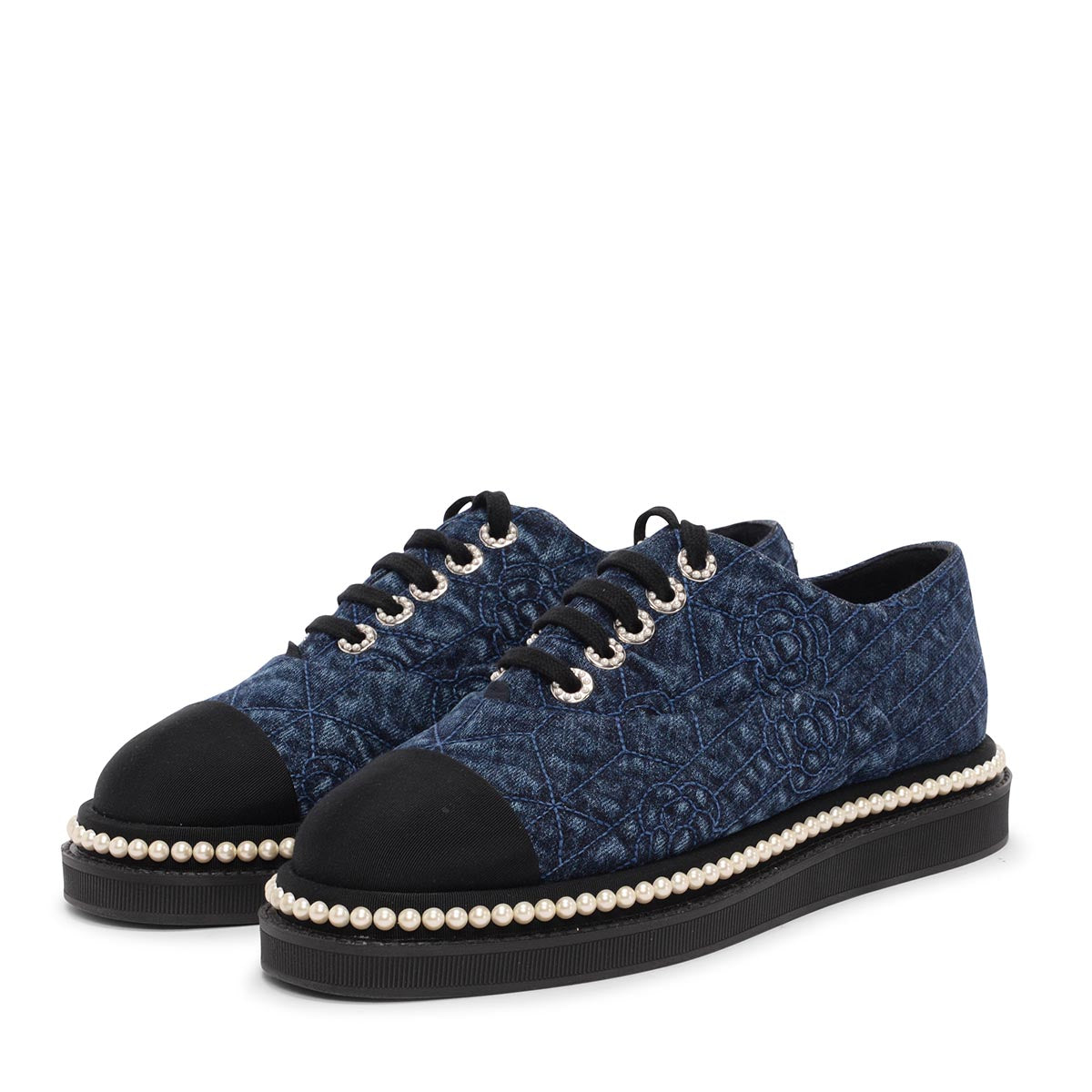 Chanel Denim & Pearl Camellia Stitch Detail Sneakers 38