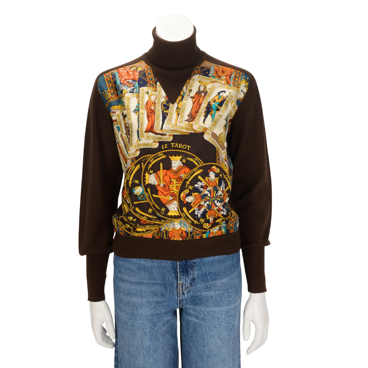 Hermes Brown Wool Le Tarot Silk Scarf Sweater FR 40