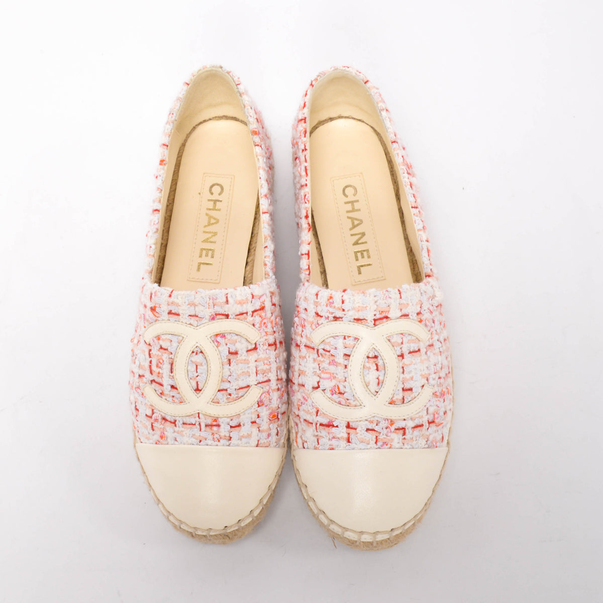 Chanel White & Pink Tweed CC Espadrilles 37