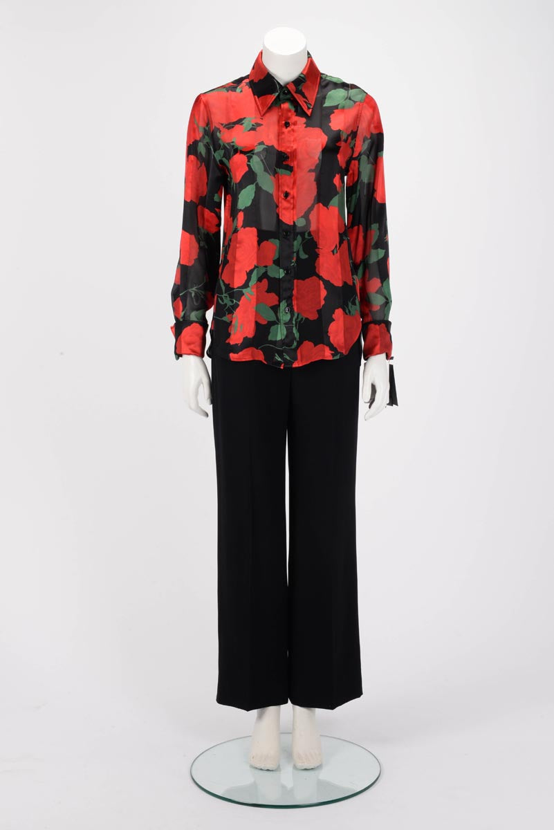 Saint Laurent Black & Red Silk Roses Print Blouse FR 36