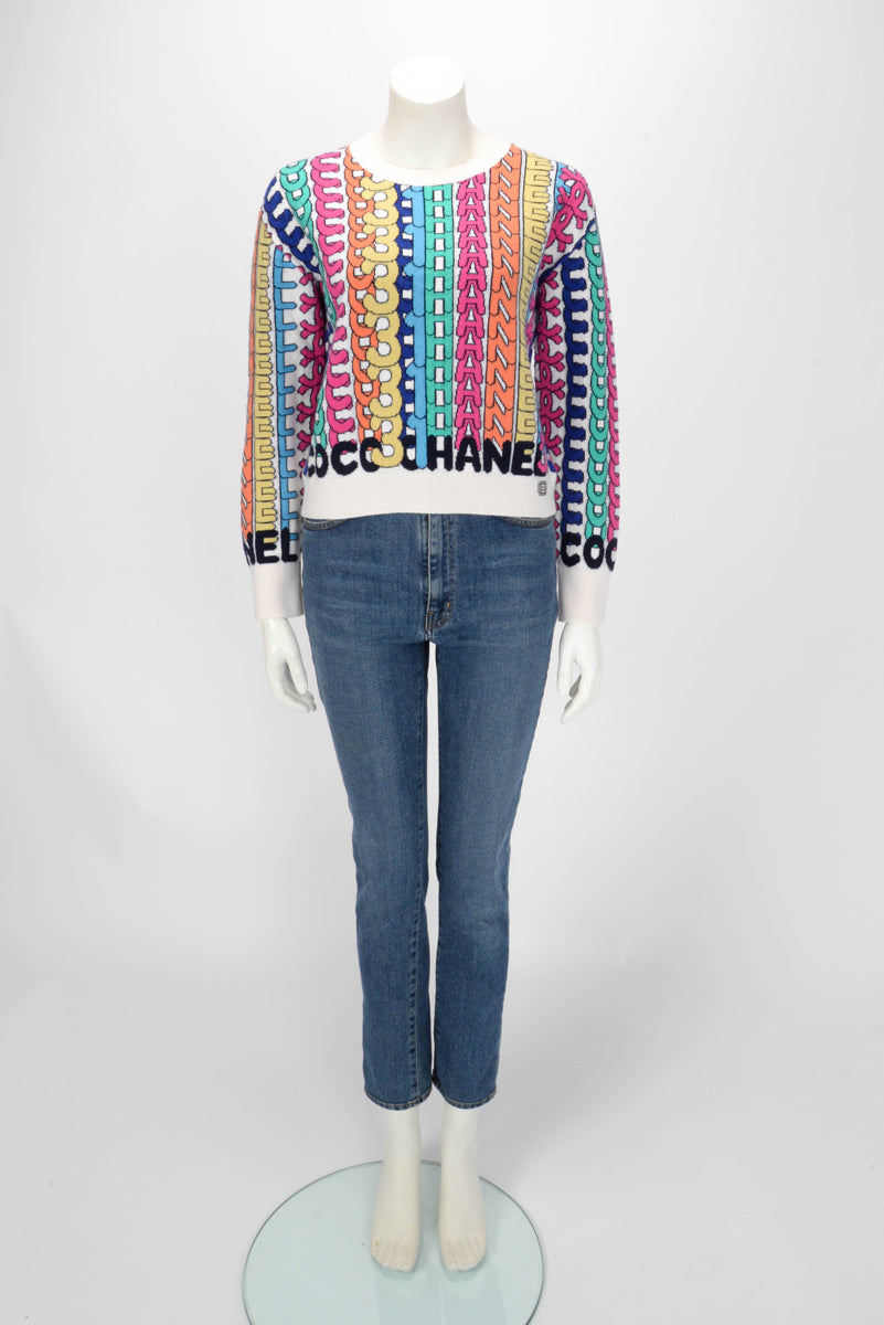 Chanel Multi-Colour Cashmere Logo Intarsia Knit Sweater FR 40