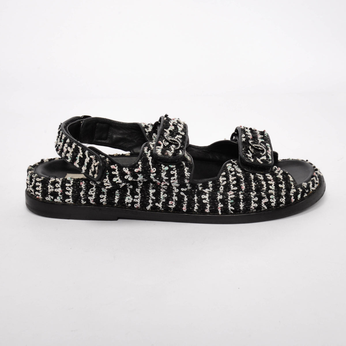 Chanel Black & White Tweed Crystal CC Dad Sandals 38.5