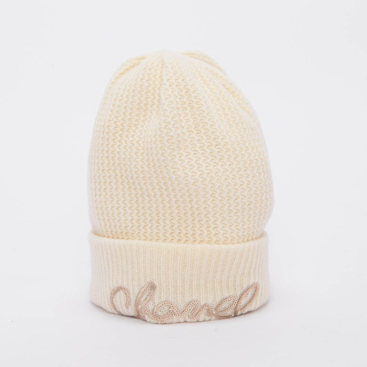 Chanel Cream Cashmere Sequin Logo Beanie