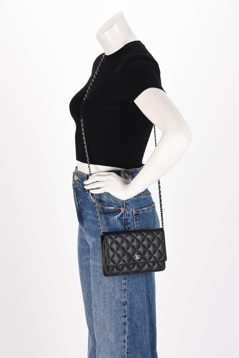 Chanel Black Quilted Caviar Classic Wallet On Chain