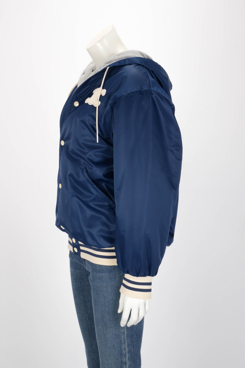 Celine Dark Blue Nylon Hooded Teddy Triomphe Jacket FR 38