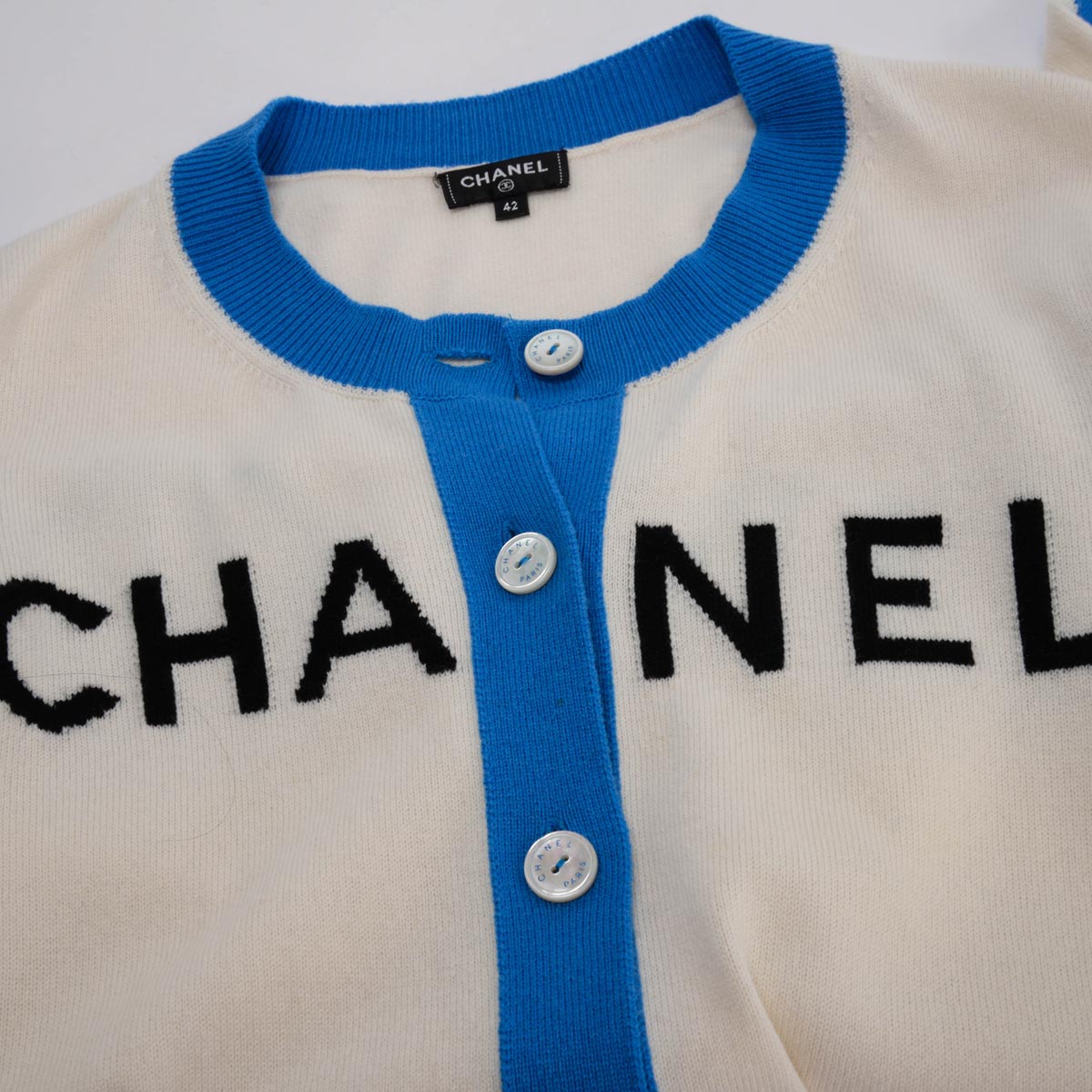 Chanel Cream & Blue Cashmere 19S Logo Cardigan FR 42