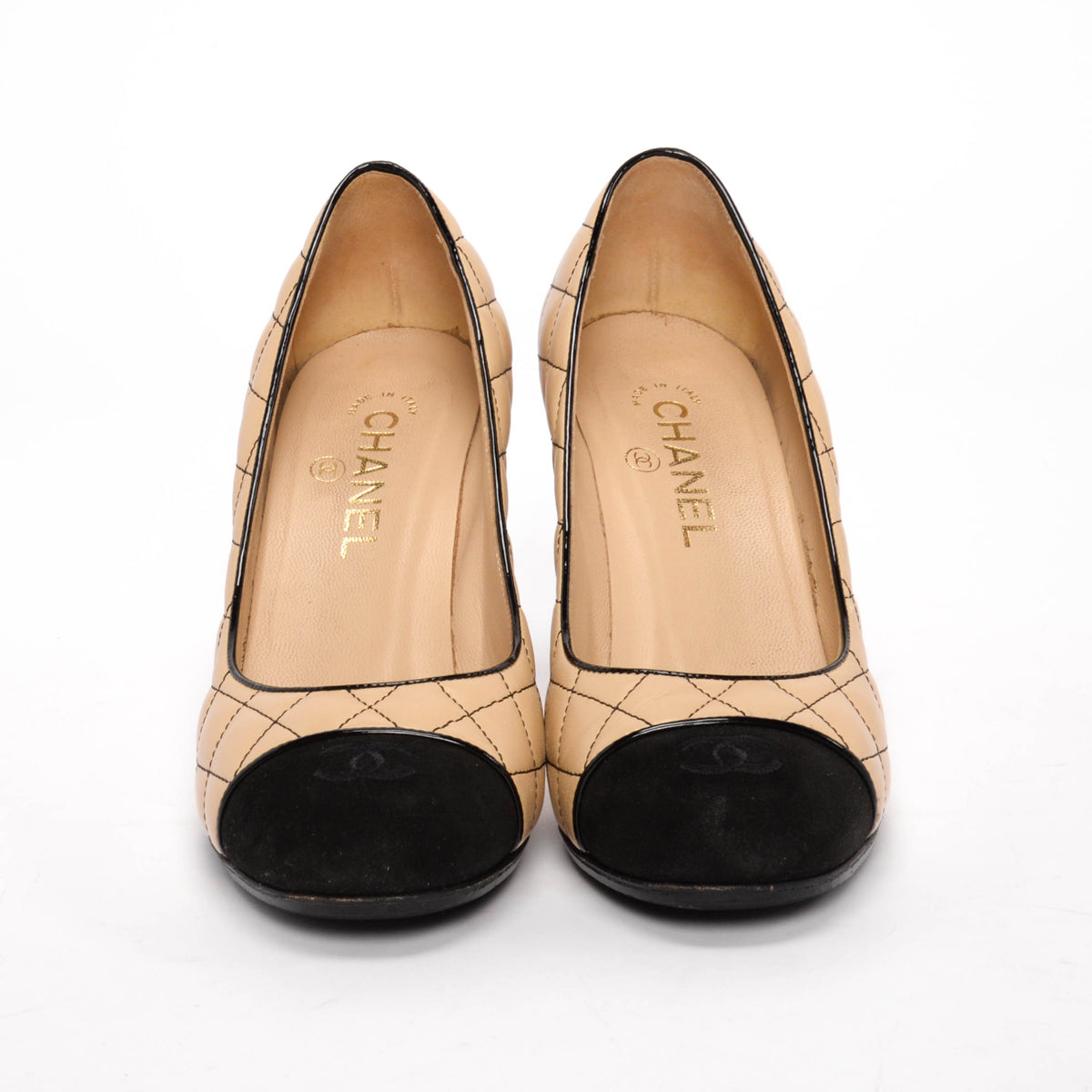 Chanel Beige & Black Quilted CC Cap Toe Pumps 39.5