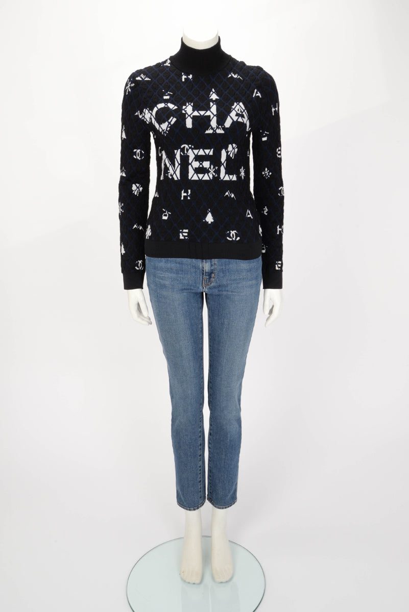 Chanel Navy & Black Quilted Coco Neige Motifs Sweater FR 34