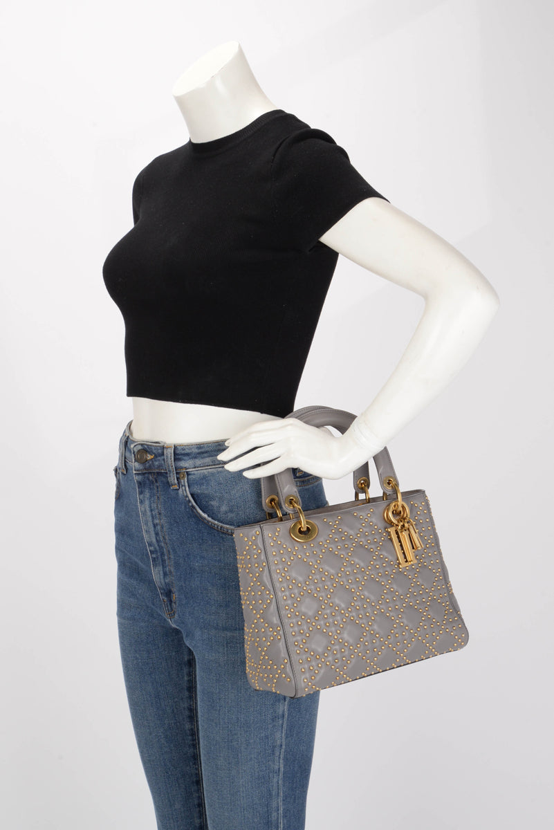 Dior Grey Studded Leather Medium Supple Lady Dior Bag