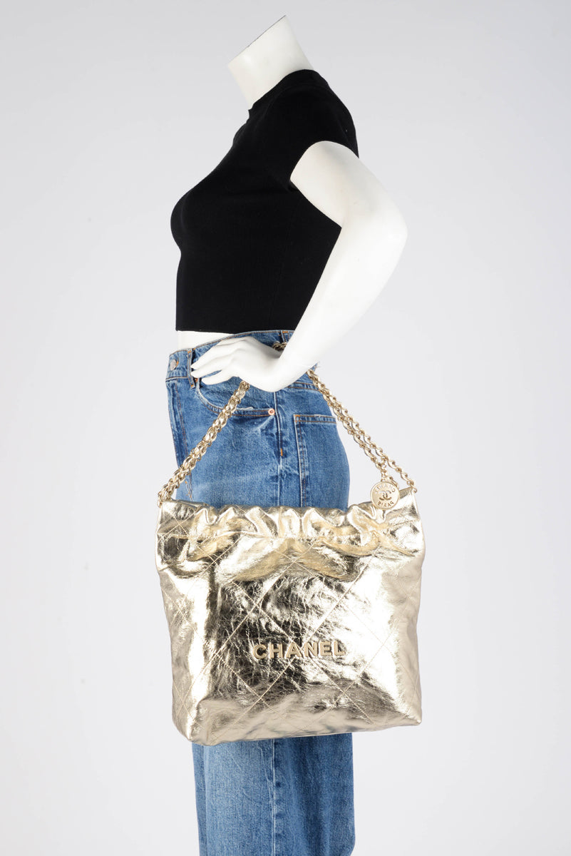 Chanel Light Gold Metallic Crumpled Calfskin Small 22 Bag