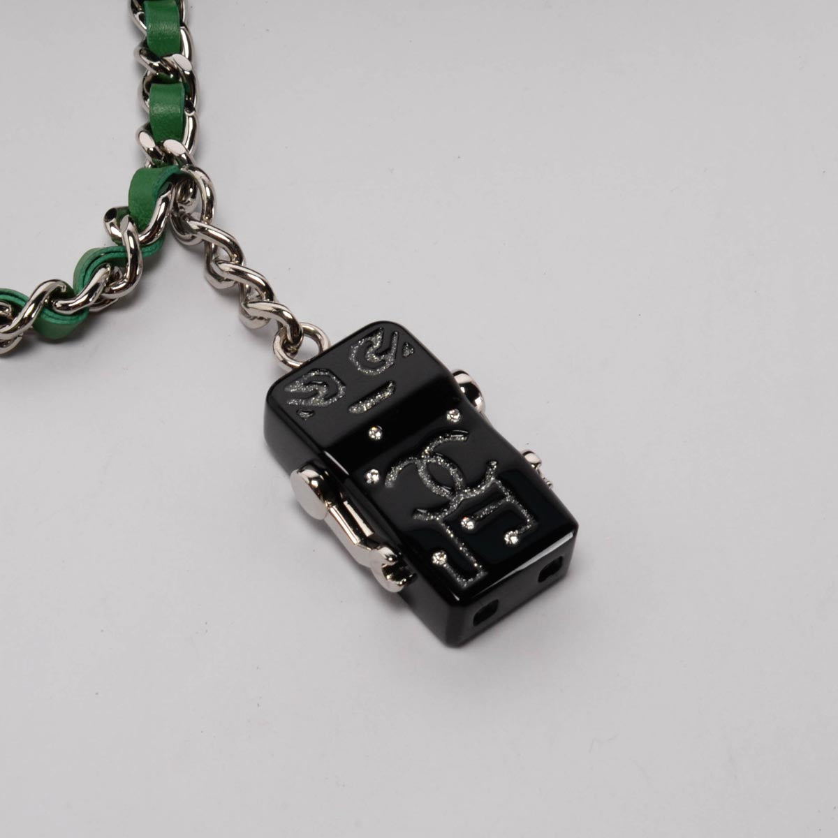 Chanel Black & Green Tweed Frayed Robot Wallet on Chain