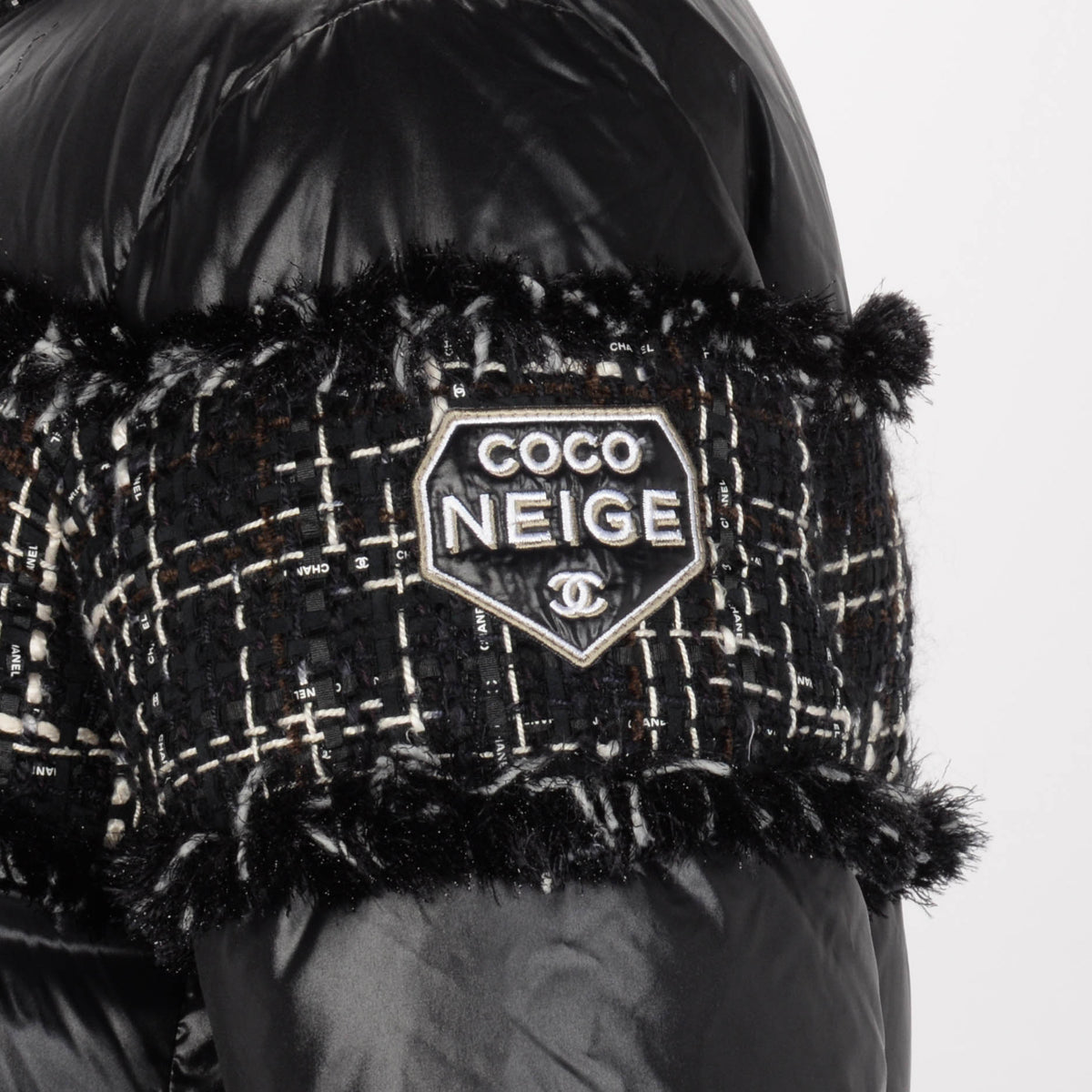 Chanel Black Nylon & Tweed Coco Neige Puffer Jacket FR 36