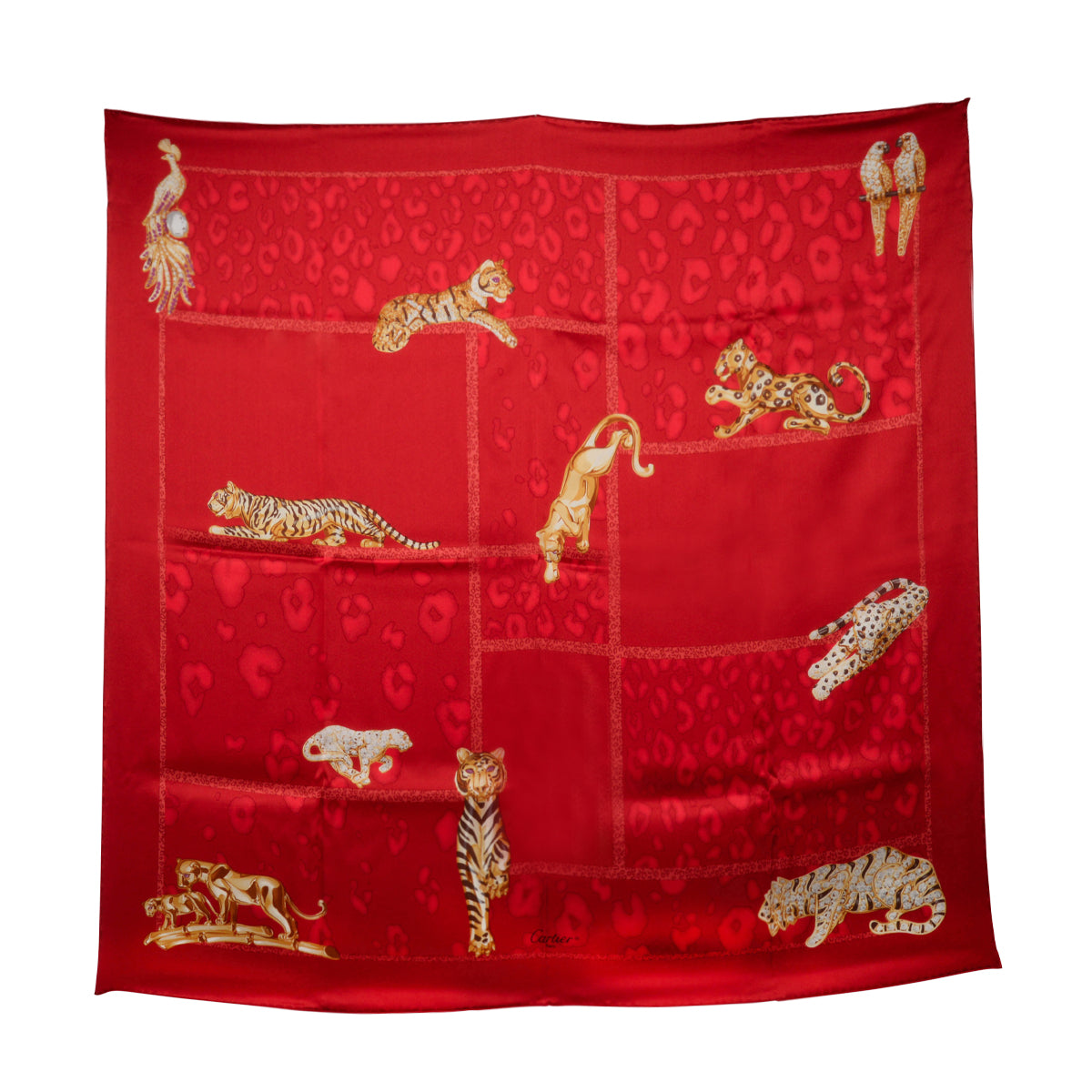 Cartier Red Silk Animal Print Scarf