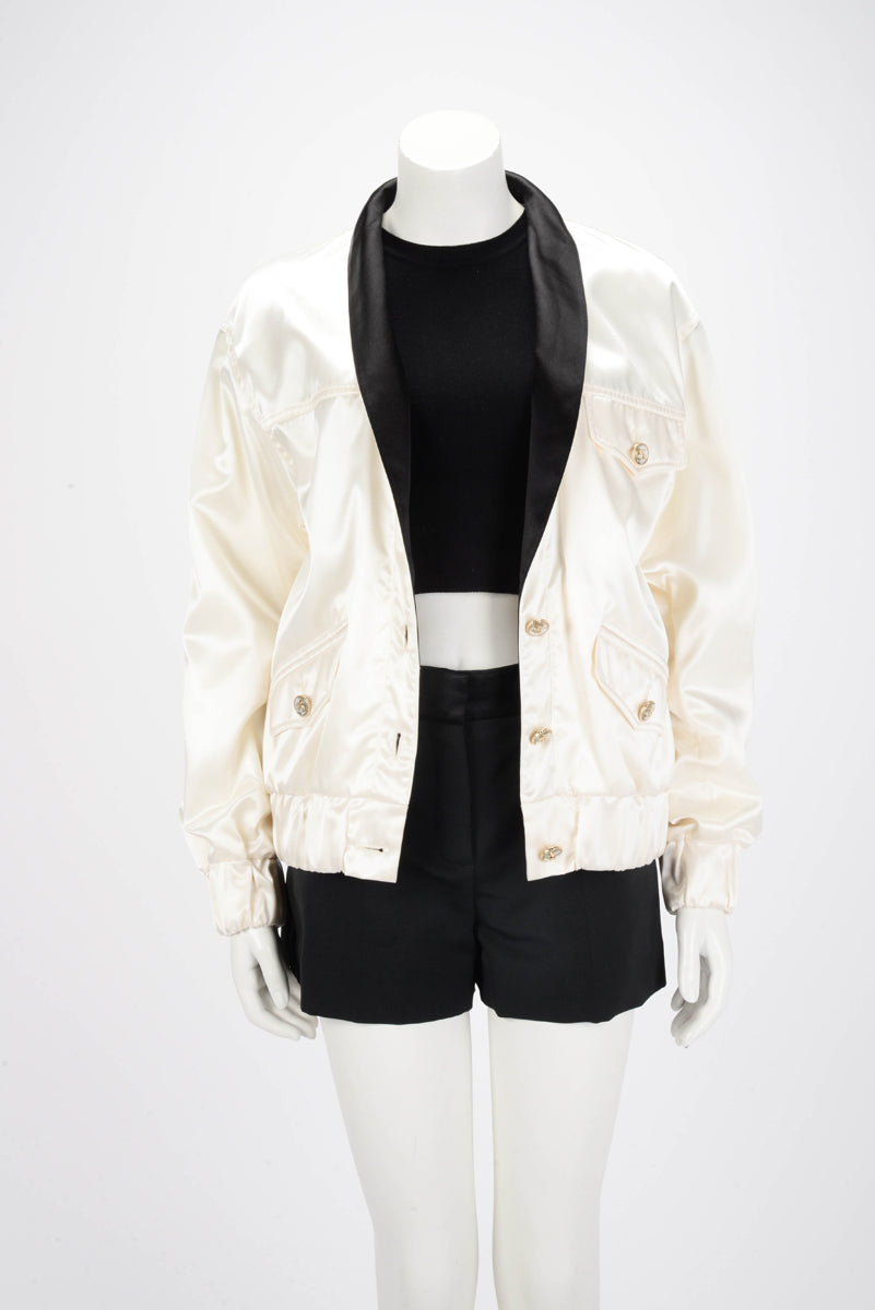 Chanel Cream & Black Satin Bomber Jacket FR 36