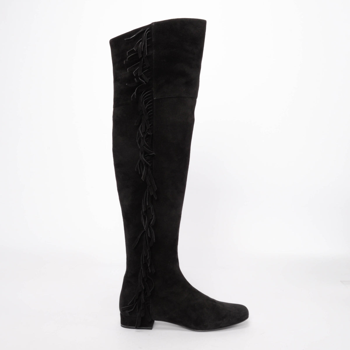 Saint Laurent Black Suede Fringed Over the Knee Boots 37