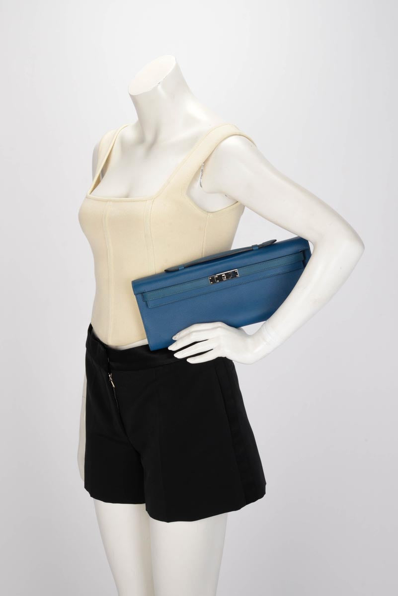 Hermes Bleu de Galice Grain d'H Calfskin Kelly Cut Clutch