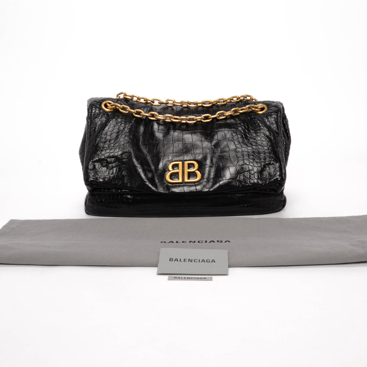 Balenciaga Black Croc Embossed Leather Medium Monaco Sling Bag