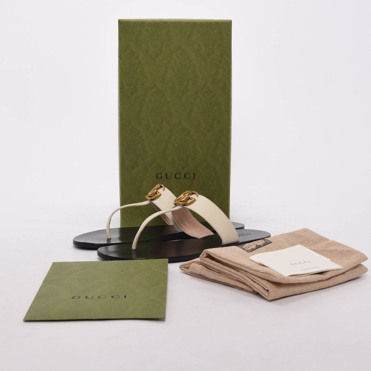 Gucci Off White Calfskin Double G Thong Sandals 40