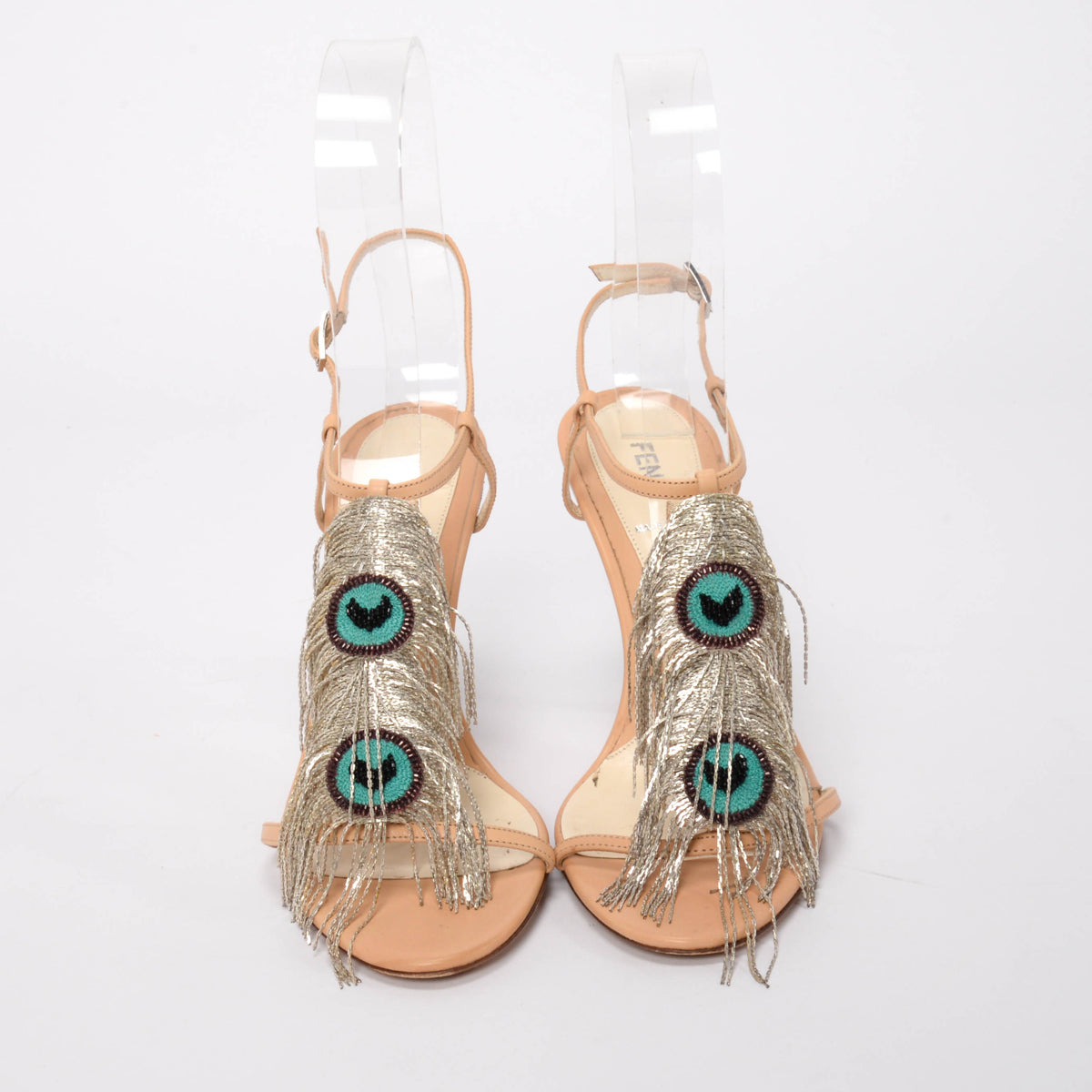 Fendi Blush Leather Embellished Peacock Fringe Sandals 38