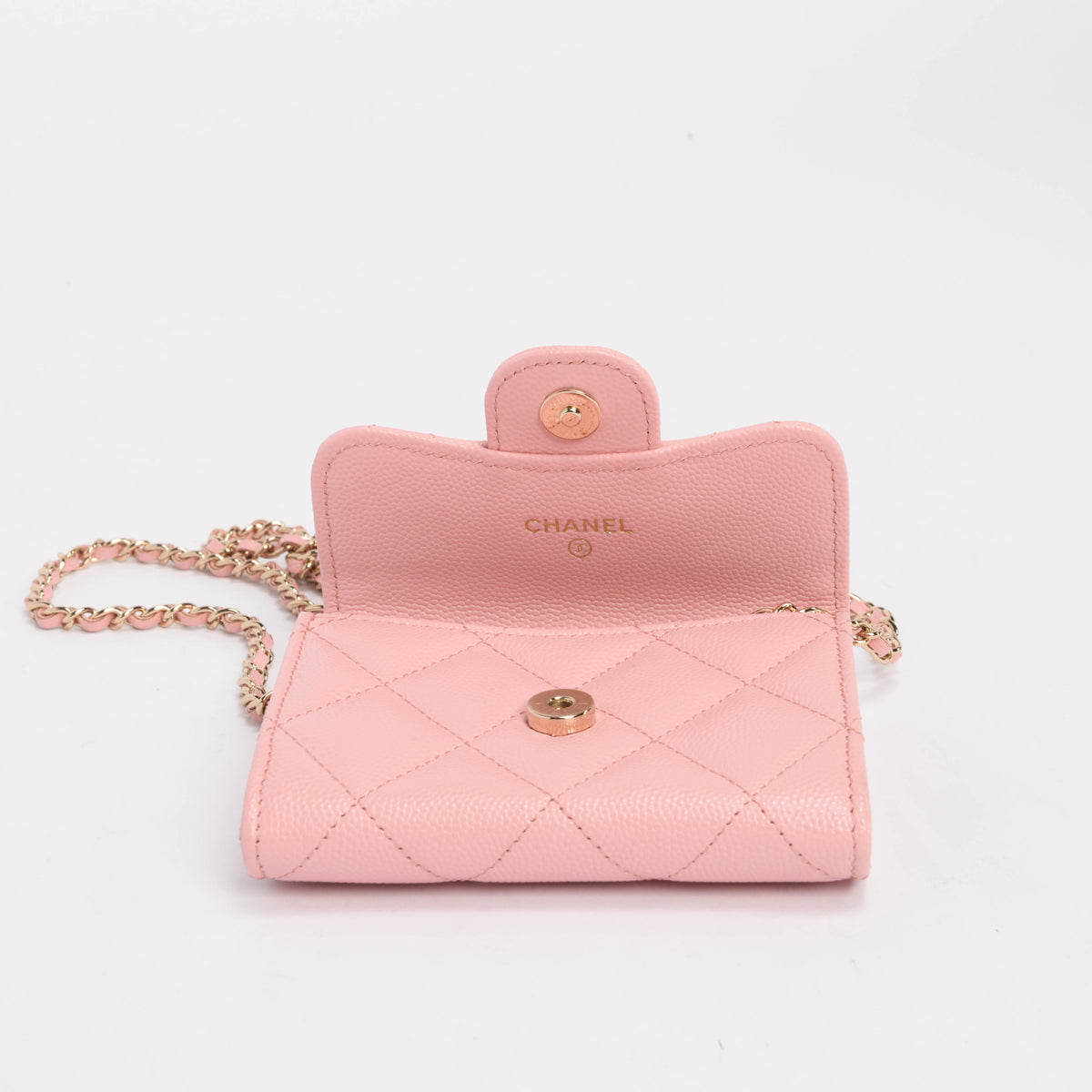 Chanel Pink Quilted Caviar Classic CC Card Holder on Chain