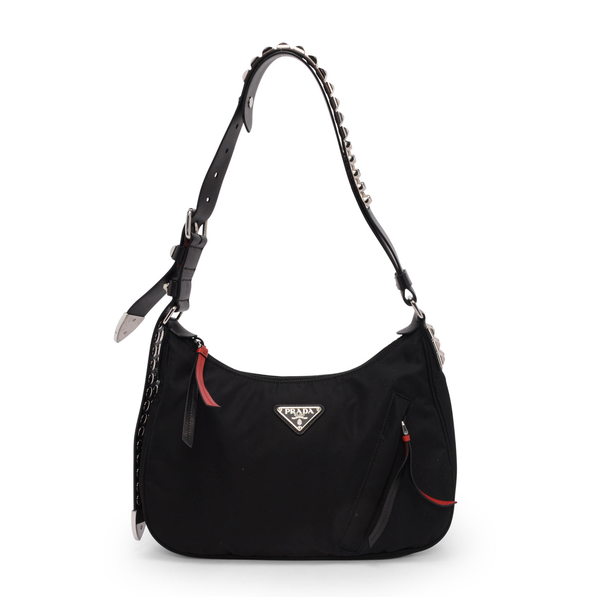 Prada Black Nylon Studded New Vela Hobo Bag