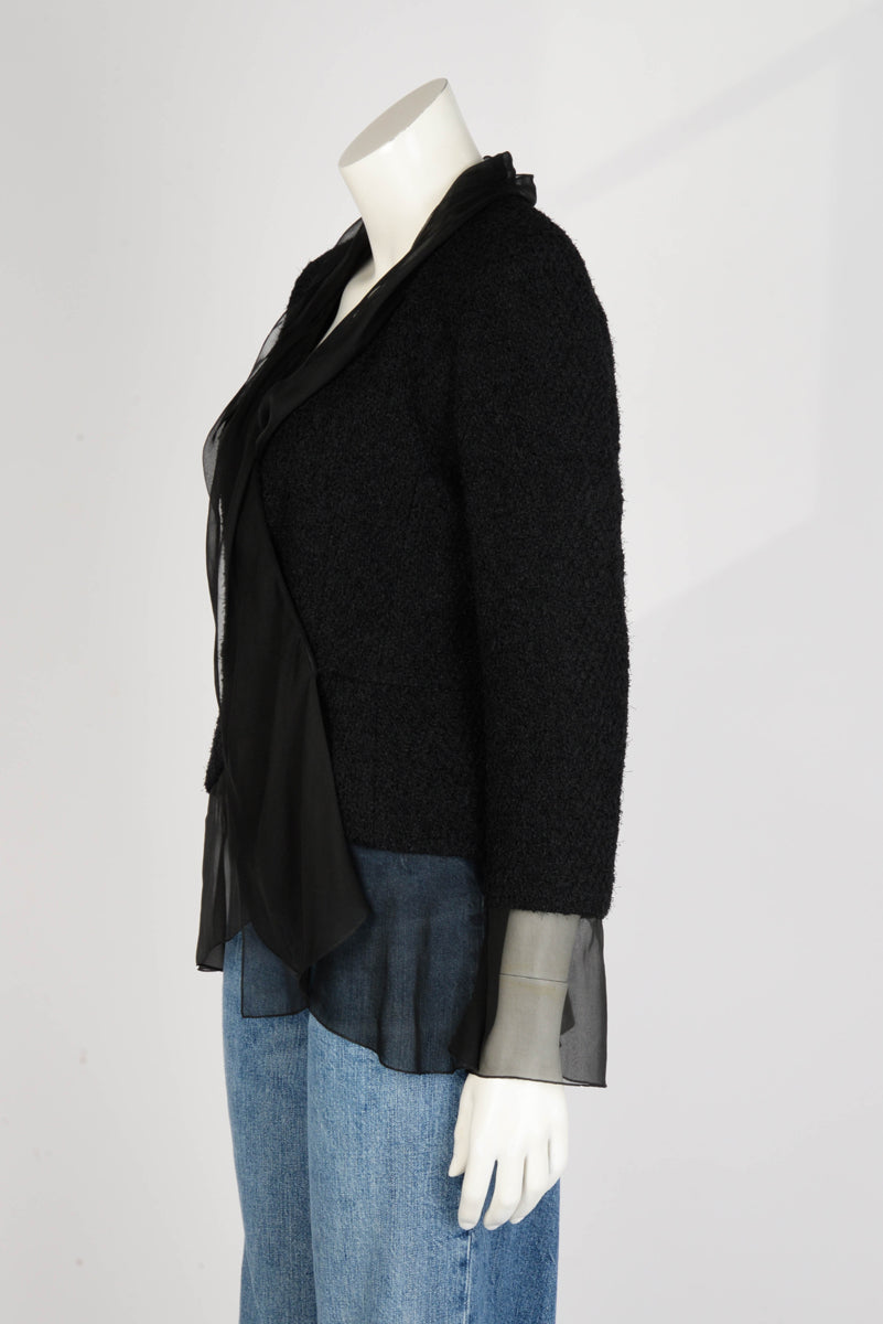 Chanel Black Boucle & Chiffon Wrap Jacket FR 38