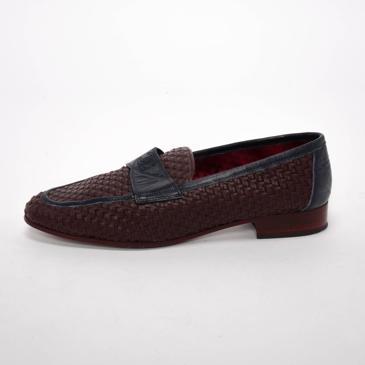 Chanel Burgundy & Navy Woven Leather CC Loafers 38.5