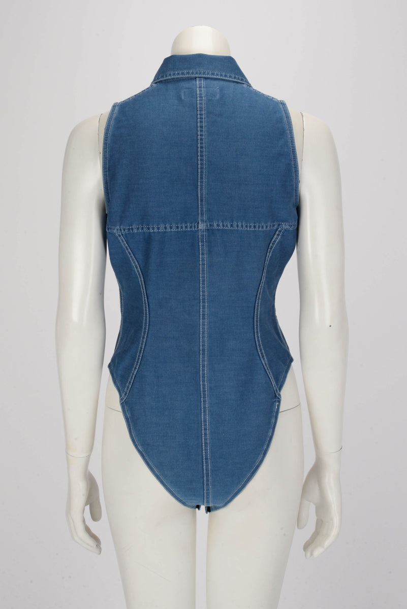 Saint Laurent Blue Stretch Denim Button Up Bodysuit FR 42