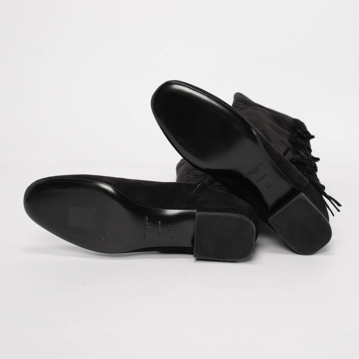 Saint Laurent Black Suede Fringed Over the Knee Boots 37