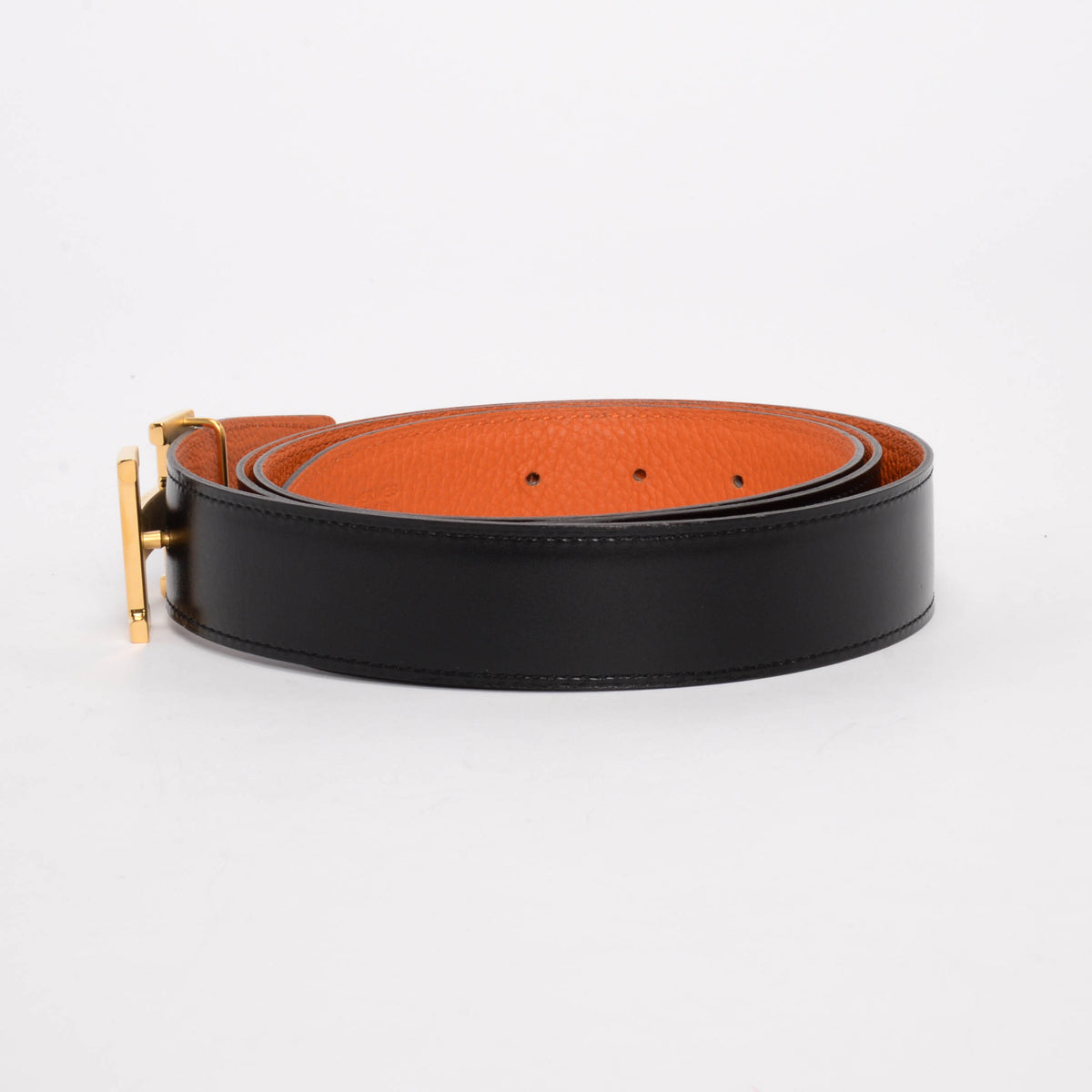 Hermes Black & Orange Box Calf & Togo Reversible H Buckle Belt