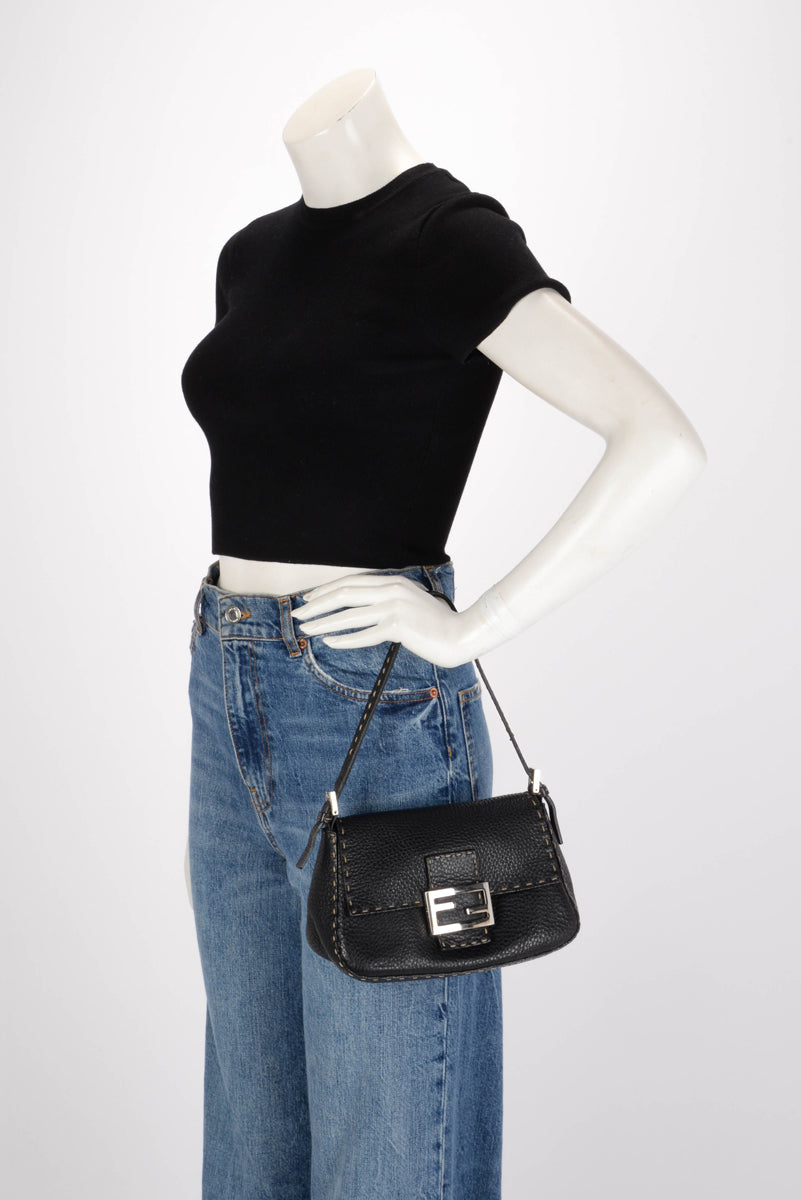 Fendi Black Selleria Mini Baguette Bag