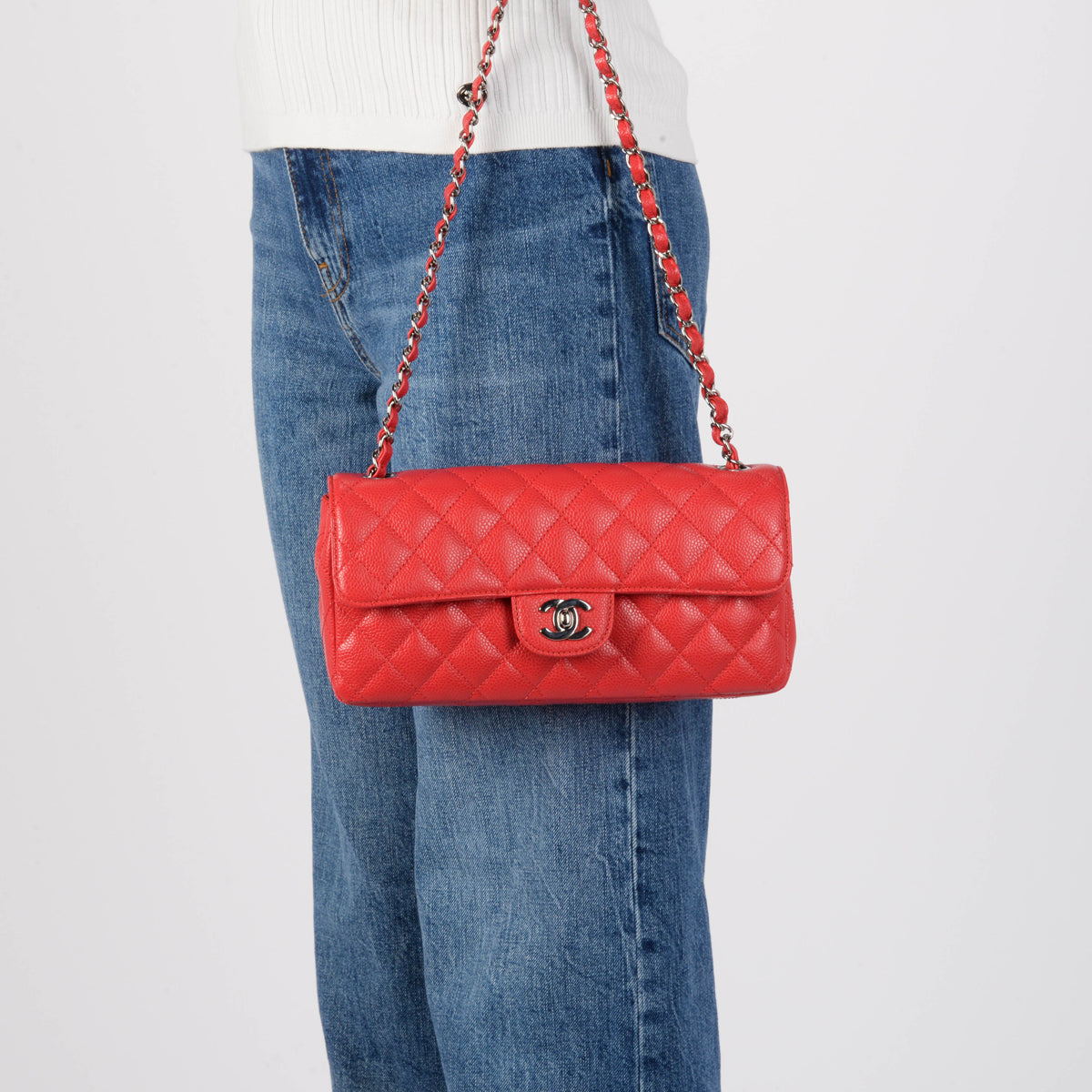 Chanel Red Caviar Leather East West Flap Bag