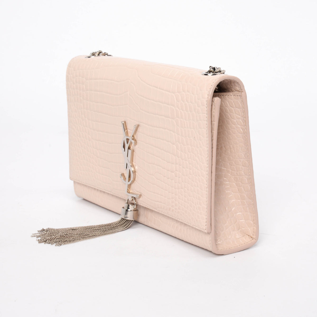 Saint Laurent Light Beige Croc Embossed Medium Kate Tassel Bag