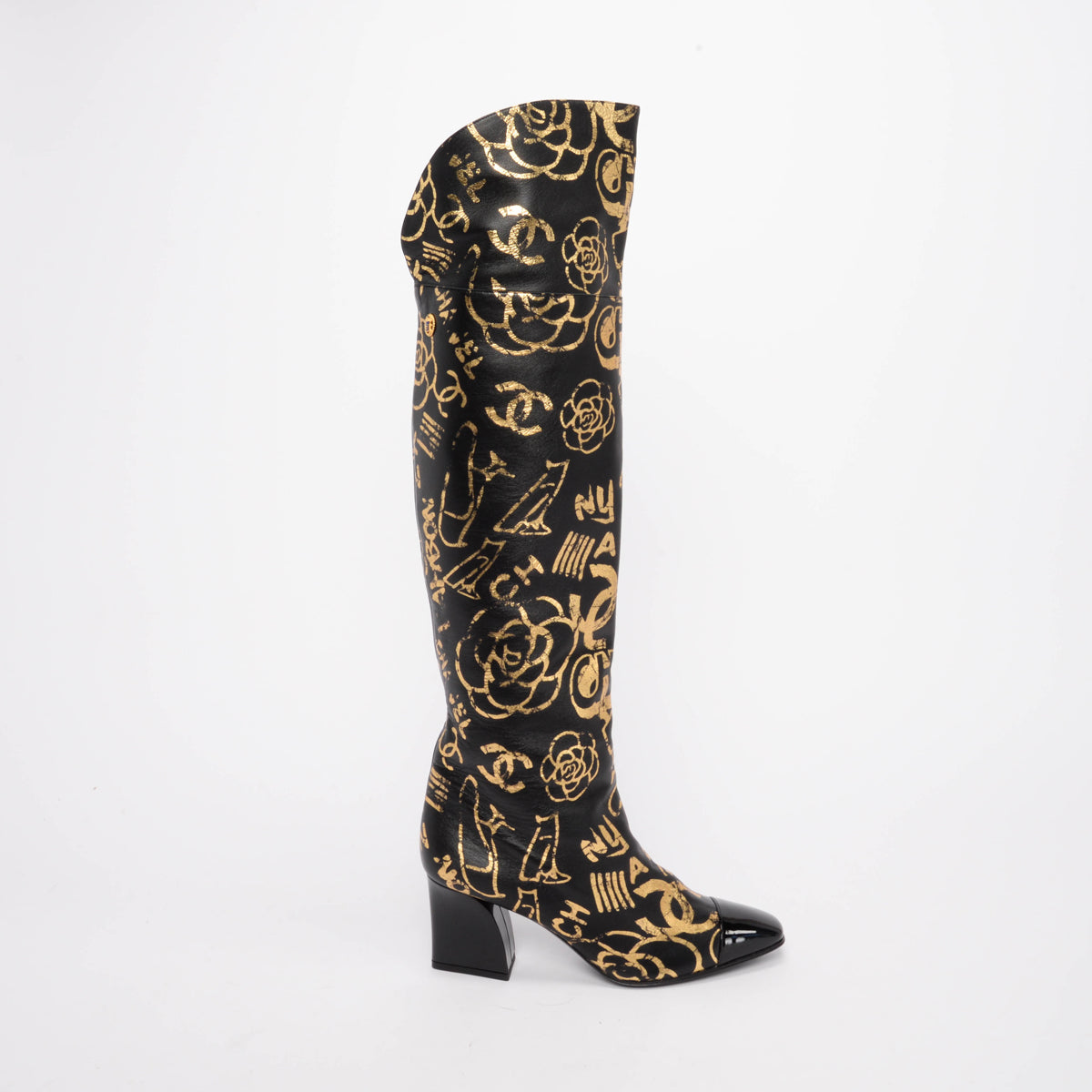 Chanel Black & Gold Lambskin Grafitti Boots 39