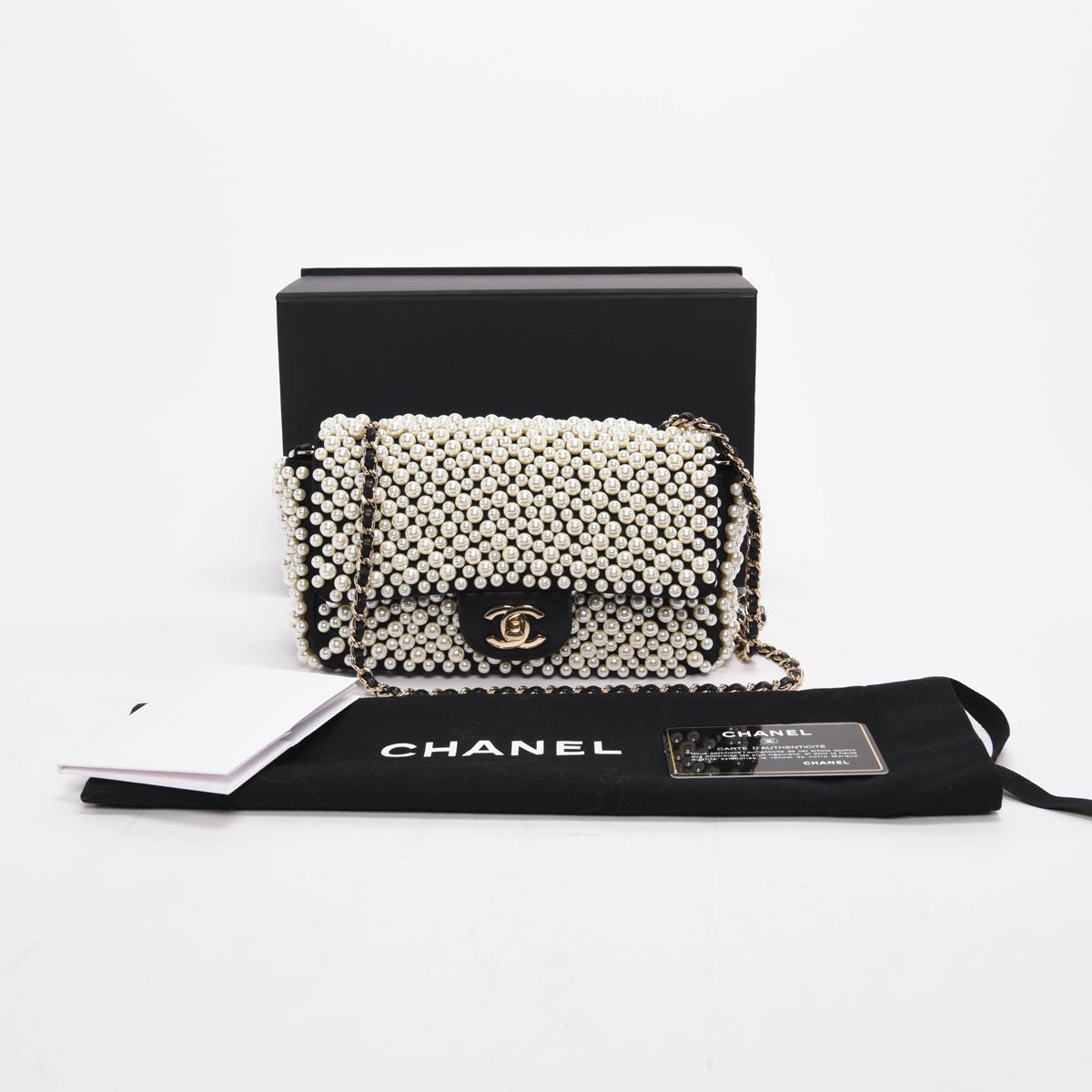 Chanel Black Satin & Lambskin Pearl On Flap Bag