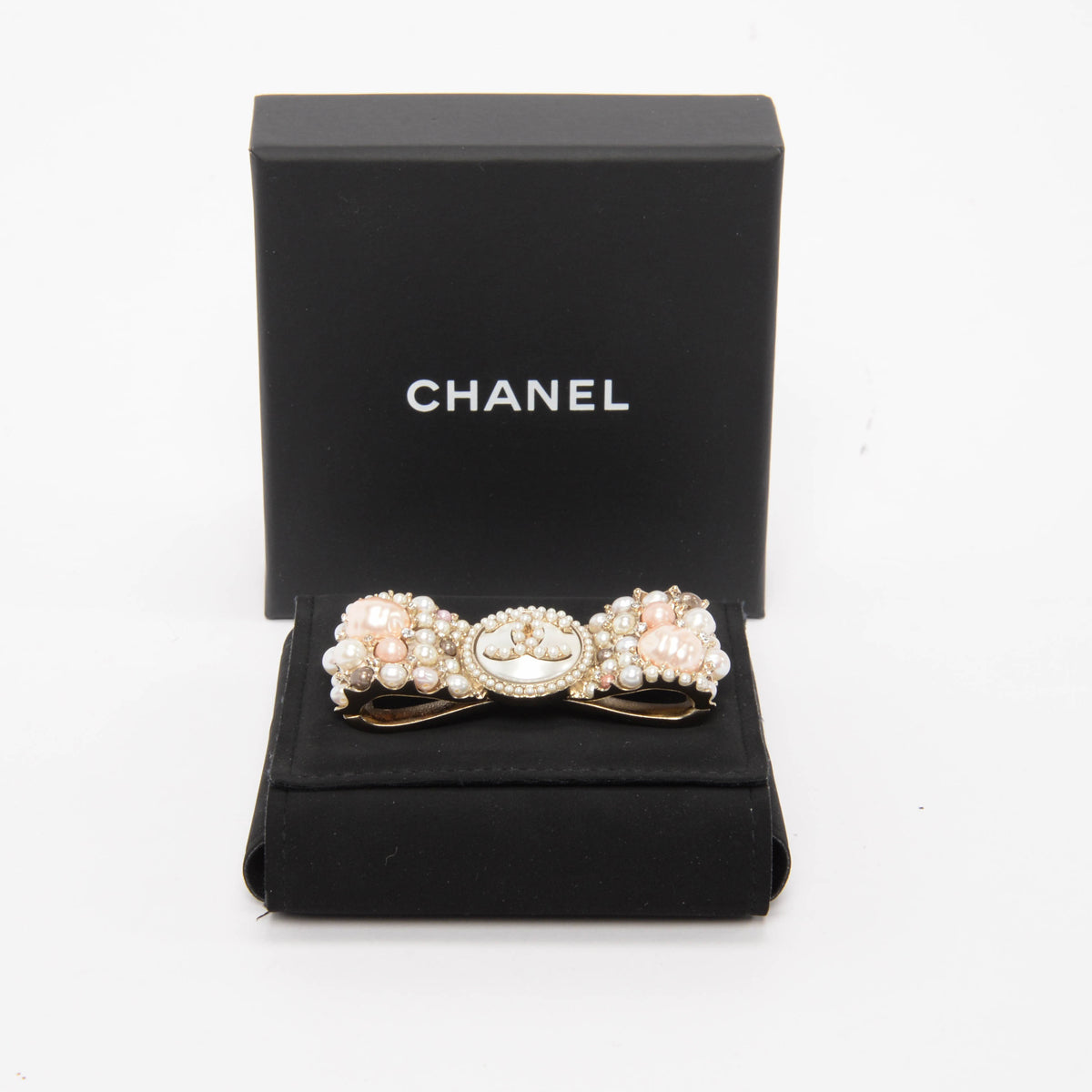 Chanel Light Gold Pearl CC Bow Brooch