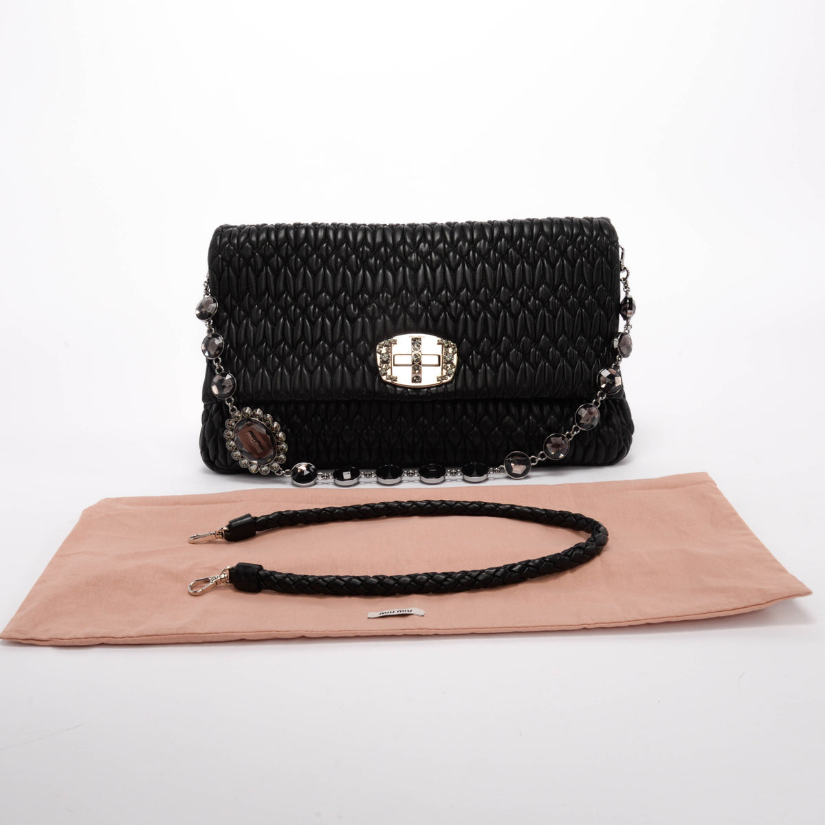 Miu Miu Black Matelasse Nappa Large Crystal Convertible Clutch