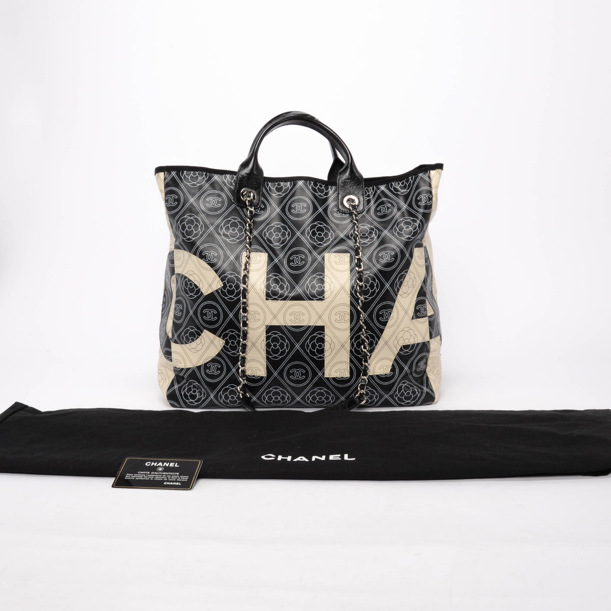 Chanel Black & Ivory Coated Canvas Camellia Tote