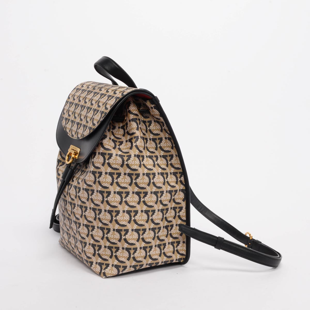 Ferragamo Black & Beige Monogram Canvas Gancini Backpack