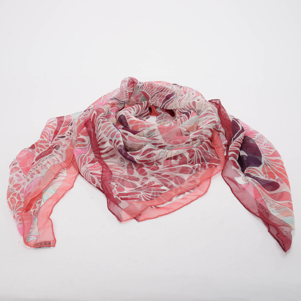 Hermes Red Mousseline Silk Millefleurs du Mexique Scarf