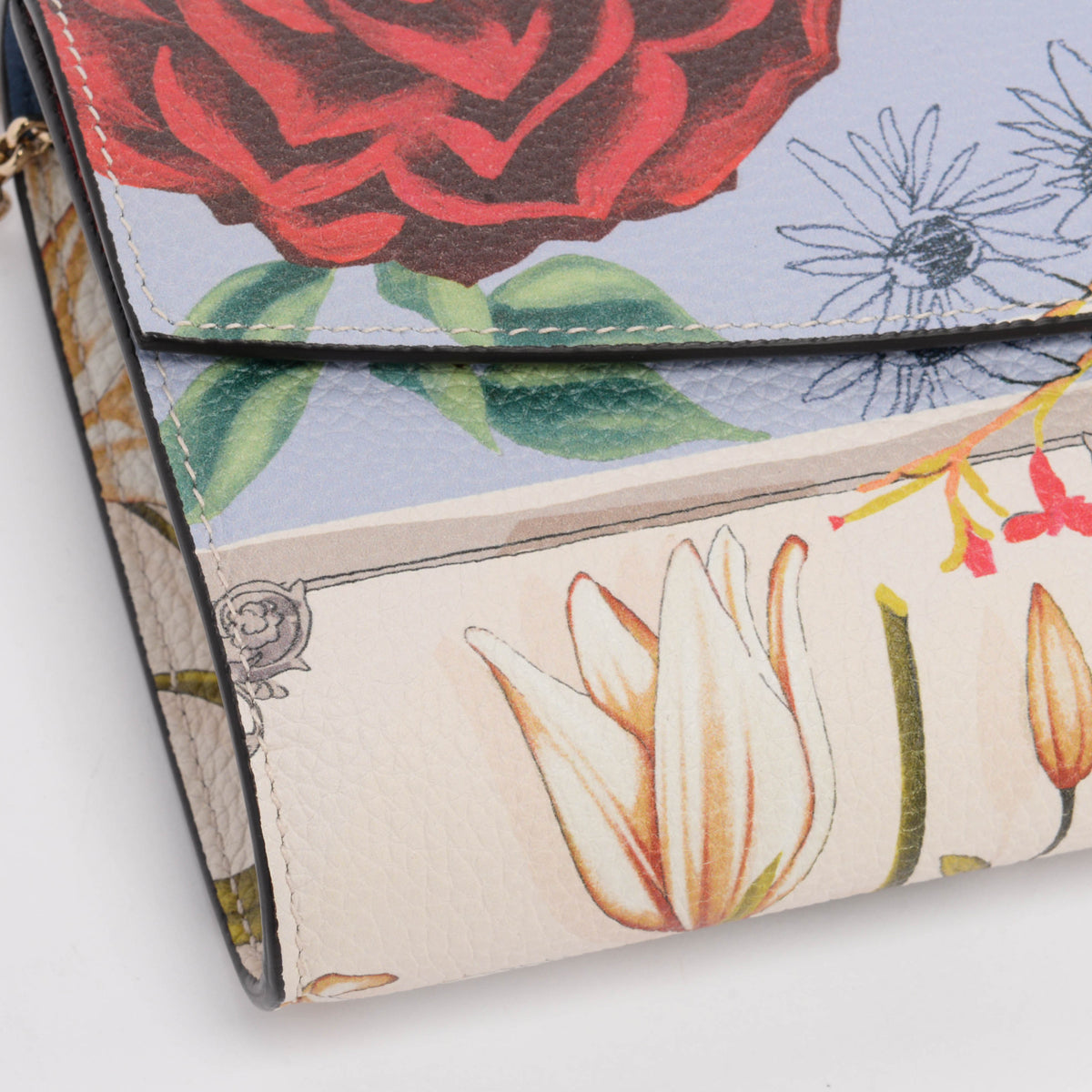 Ferragamo Floral Print Calfskin Gancini Chain Wallet