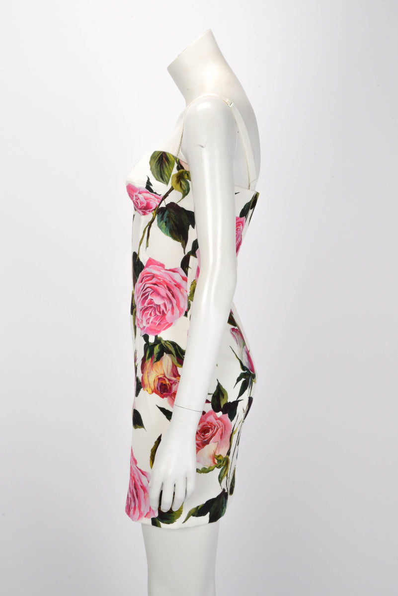 Dolce & Gabbana White Rose Print Mini Dress IT 40