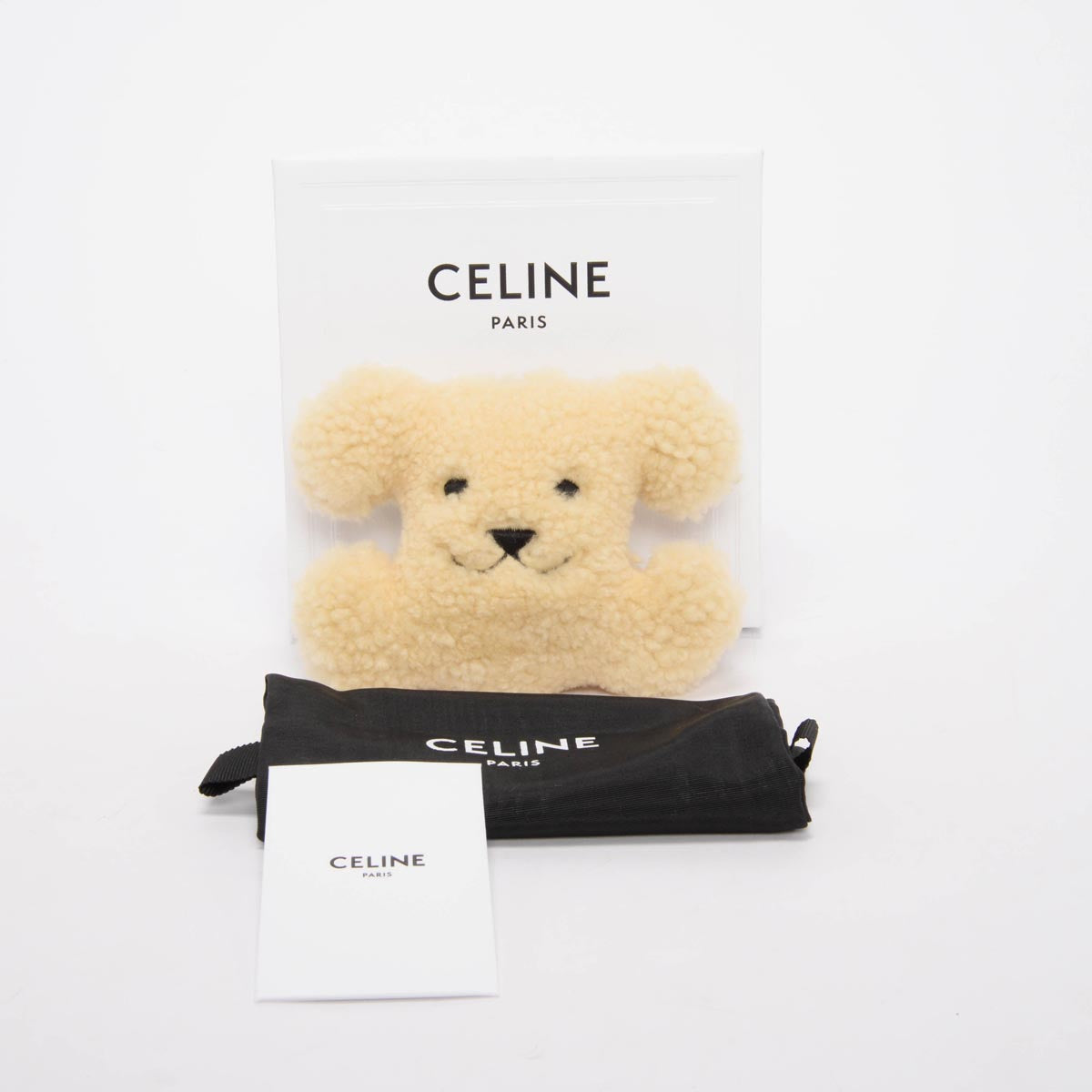 Celine Beige Shearling Triomphe Pom-Pom Key Ring
