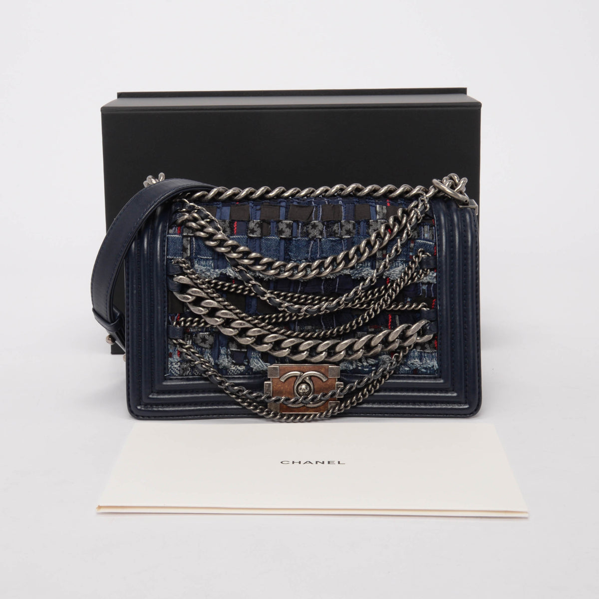 Chanel Navy Patchwork Enchained Old Medium Boy Bag