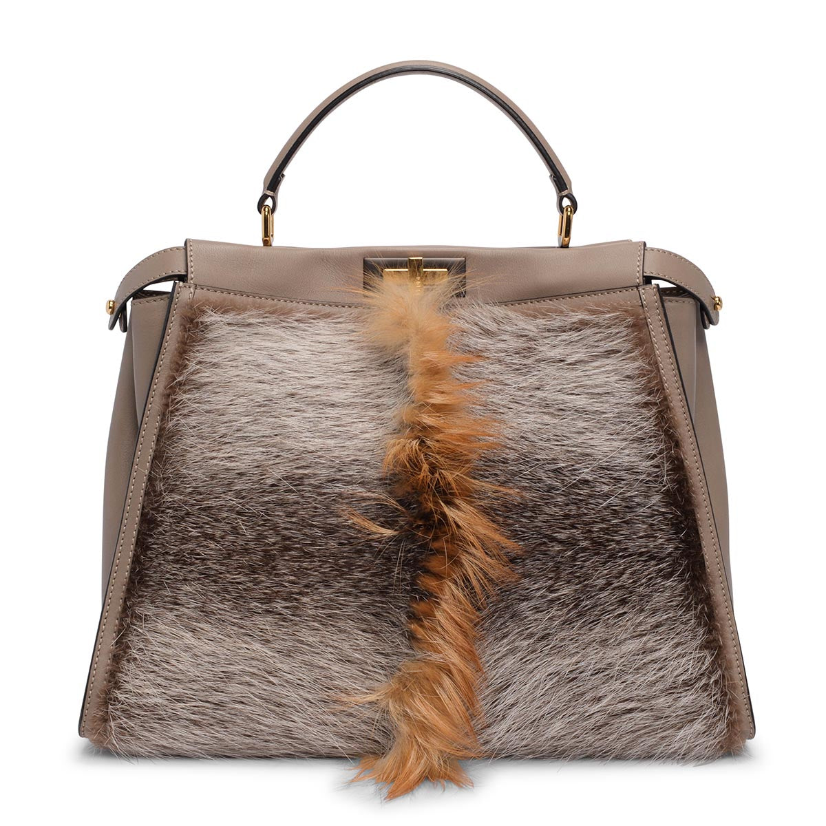 Fendi Taupe Leather & Fox Fur Large Peekaboo Tote